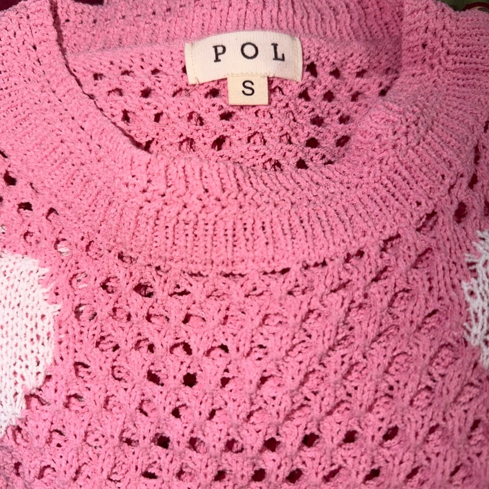 NWOT POL Pink Open Knit Heart Sweater Womens Sm Crew Neck Long Sleeve Pullover - Picture 4 of 4